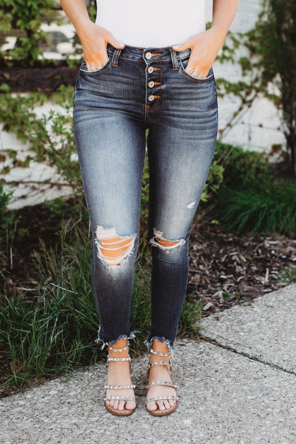 Navy Blue High-stretch Ripped Button Denim Jeans