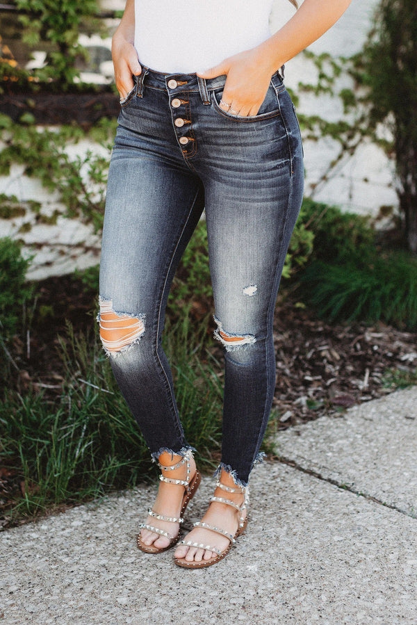 Navy Blue High-stretch Ripped Button Denim Jeans